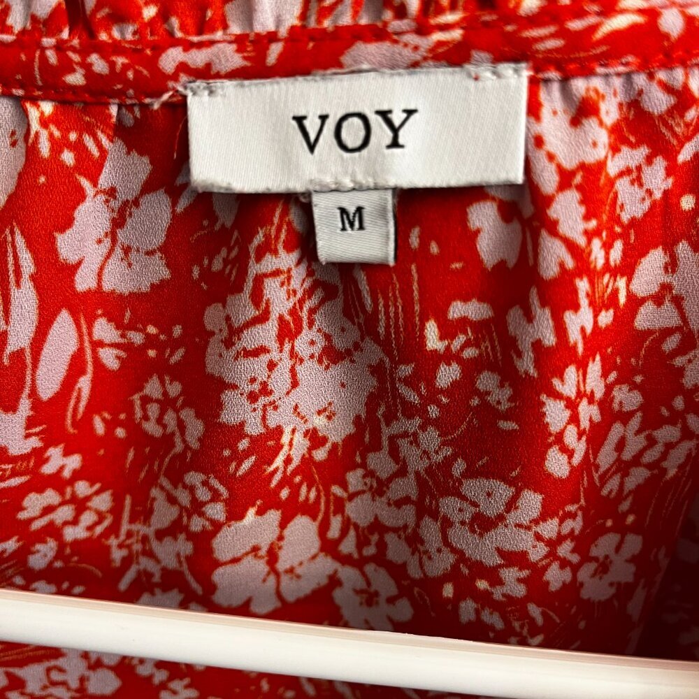 VOY Orange White Floral Ruffle Sleeve V Neck Blouse Size Medium - Picture 5 of 5
